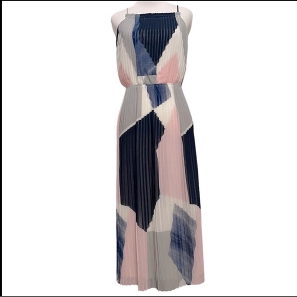 NWT Banana Republic Blue and Pink Geometric Color-block Pleated Dress 6 - Picture 3 of 16